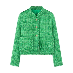Elegant green tweed jacket with gold buttons and fringe details on white background