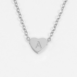 Polished silver stainless steel heart pendant necklace with engraved letter A for women
