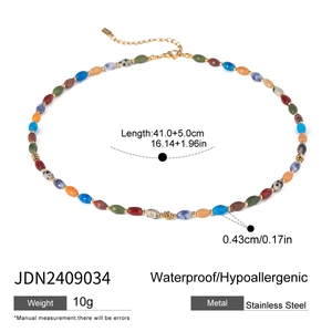 Detail of colorful stone bead necklace with length and weight measurements display