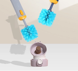 Detail of multi-functional bottle cap cleaning brush with blue bristles for gap scrubbing