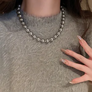 Grey Faux Artificial Pearl Necklace With Alloy Spacer Beads Elegant French Style Choker Jewelry For Women Daily Wear Accessory