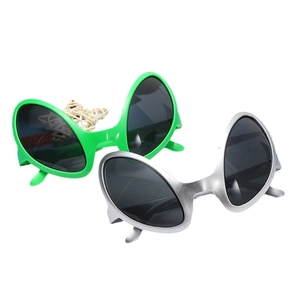 Alien party glasses in bright green and metallic silver with dark lenses for cosplay