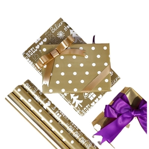 Golden Christmas wrapping paper set with white Noel patterns and gift boxes
