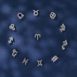 Set of 12 Zodiac sign charms in S925 silver with cubic zirconia on starry background