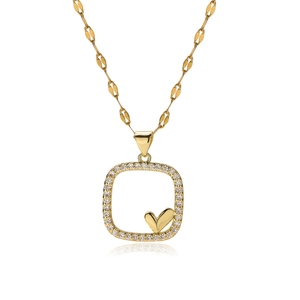 Elegant 18K gold plated necklace featuring a geometric square frame with zircon heart pendant