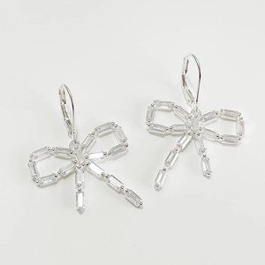 Baguette Zircon Bow Leverback Dangle Earrings With 925 Sterling Silver Earring Post Elegant Simple Fashion Jewelry