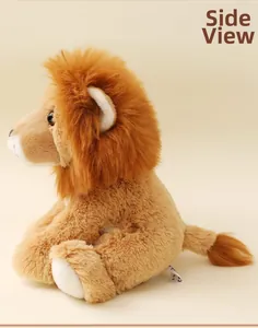 Side view of cute plush lion toy showing fluffy brown mane and soft fabric texture