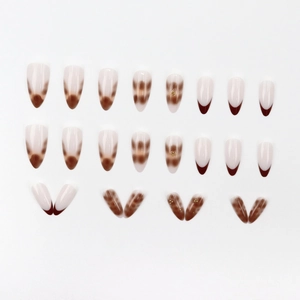 Brown marble and burgundy French tip almond press-on nails with gold beads 24pcs