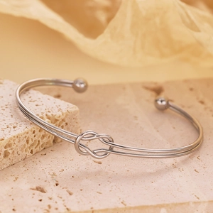 Detailed macro view of a silver double-wire knot bangle with ball ends on stone