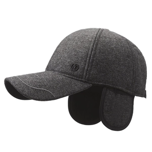 Men's winter wool blend baseball cap with ear flaps in dark grey, outdoor warm headwear