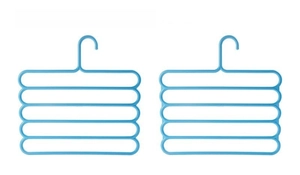 Detail of blue 5-tier multi-functional pants hanger showing production batch variations