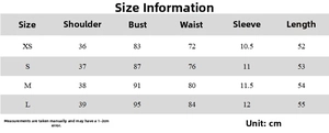 Detailed size chart for the button-up short sleeve T-shirt with measurements in cm