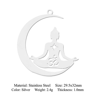 Detailed specs of lotus stainless steel pendant showing dimensions 29.5x32mm in silver