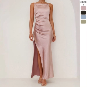 Women Satin Maxi Dress Backless High Slit Spaghetti Straps Ruched Elegant Sexy Sleeveless Evening Party Gown
