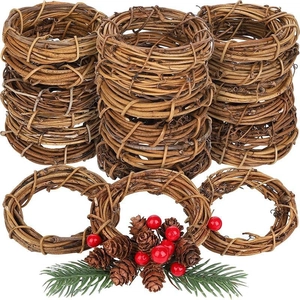 Handmade 10cm natural grapevine wreaths with pine cones and red berries for DIY crafts