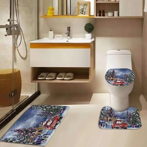 Three-piece Christmas bathroom set with red truck and snowy tree non-slip mats