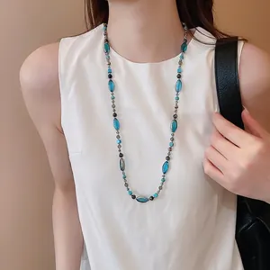 Collier De Perles Vintage Avec Pierre Naturelle Et Perles De Verre Longue Chaîne Style Bohème Bijoux Pour Femmes Bleu Turquoise