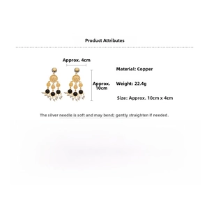 Detailed view of bohemian style long gold tassel earrings with copper material and size specs