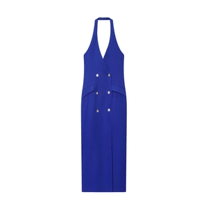 Robe Longue Blazer Dos Nu Bleu Royal Polyester Double Boutonnage Boutons Dorés Coupe Ajustée Élégante Banquet Femmes