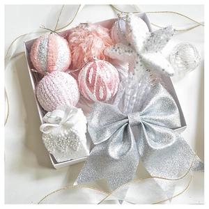 Detailed set of pink and silver Christmas ornaments featuring a large glittery bow