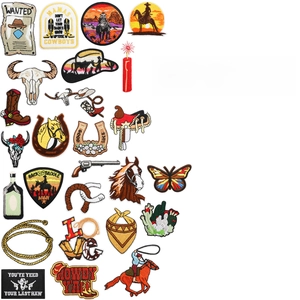 Detail view of 26-piece brown western cowboy embroidery patches with cactus and horse