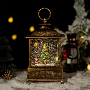 Vintage bronze Christmas lantern with Santa scene and warm lighting for holiday decor