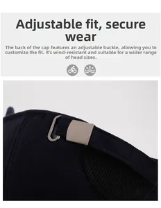Detail of adjustable metal buckle on navy outdoor baseball cap for a secure custom fit