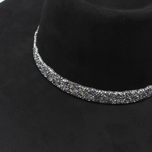 Detail of shimmering silver rhinestones on a black felt fedora hat band