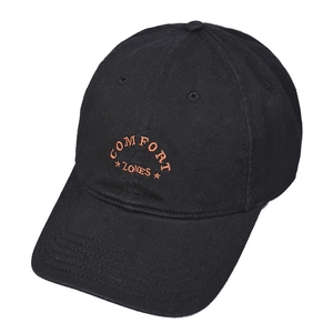 Black cotton baseball cap with orange COMFORT ZONES embroidery in a minimalist vintage style