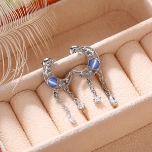 Chic silver hollow moon tassel earrings with blue stones and crystals in a velvet box