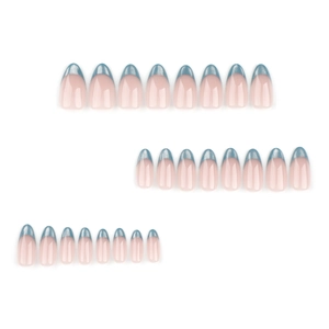 Almond-shaped French cat-eye press-on nails in rich green and metallic blue glitter