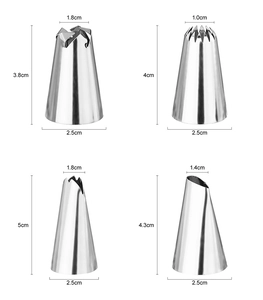 Detailed size chart for four stainless steel icing nozzles showing height and diameter