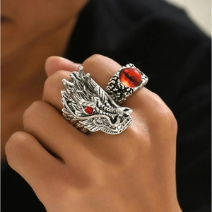 Retro punk dragon head and red evil eye open rings set for men in antique silver finish
