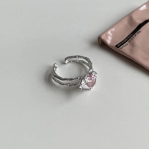 Irregular S925 silver open ring with pink heart zircon stone and lava texture