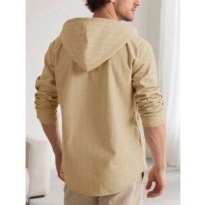 Rear view of men's hooded linen shirt showing vertical stripes and loose casual fit