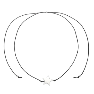 Detailed close-up of a silver star pendant with double-layered black cord and metal beads