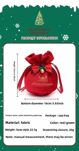 Close-up of red velvet Christmas drawstring bag with gold reindeer and bell detail