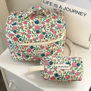 Floral Cosmetic Bag Quilted Cotton Makeup Organizer Travel Toiletry Pouch Portable Retro Pastoral Style Handheld For Women