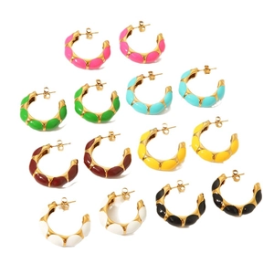 Golden stainless steel C-shaped hoop earrings set with colorful enamel drip oil finish