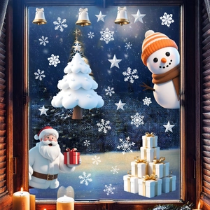 Detailed view of 3D Christmas snowman and Santa static window stickers on a wooden frame