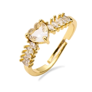 Adjustable gold heart ring with marquise cut zircon stones on minimalist band