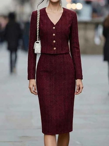 Elegant burgundy tweed two-piece suit with V-neck buttoned jacket and high waist midi skirt