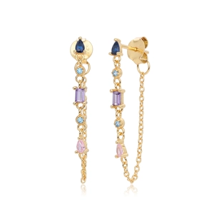 Detail view of 925 silver fringe earrings featuring colorful zircons and golden chains