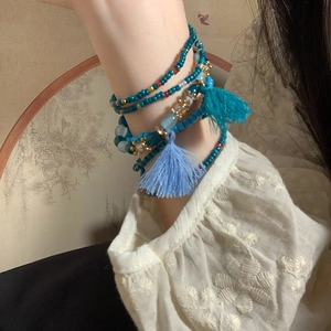 Bohemian multi-layer blue seed bead bracelet set with cotton tassel for women