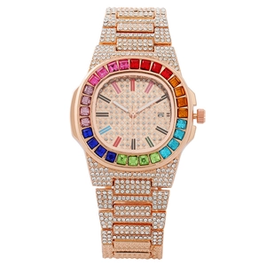 Luxury rose gold women's watch featuring rainbow crystal bezel and full diamond strap