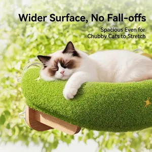 Spacious wooden window cat hammock with warm green plush cushion for large cats