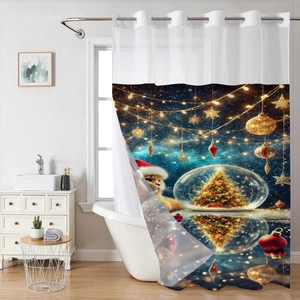 Detail of Christmas shower curtain with metal eyelets and festive orange cat illustration