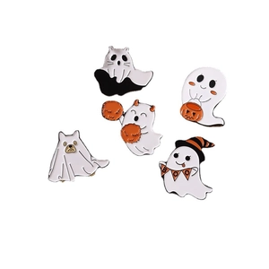 Cute Halloween enamel pins set featuring ghosts with pumpkin lanterns and a black cat