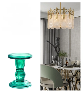 Close-up of green embossed glass candle holder with vertical textures for home decor