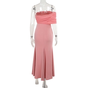 Detail of a pink off-shoulder mermaid dress featuring back cross pleats and slim fit silhouette